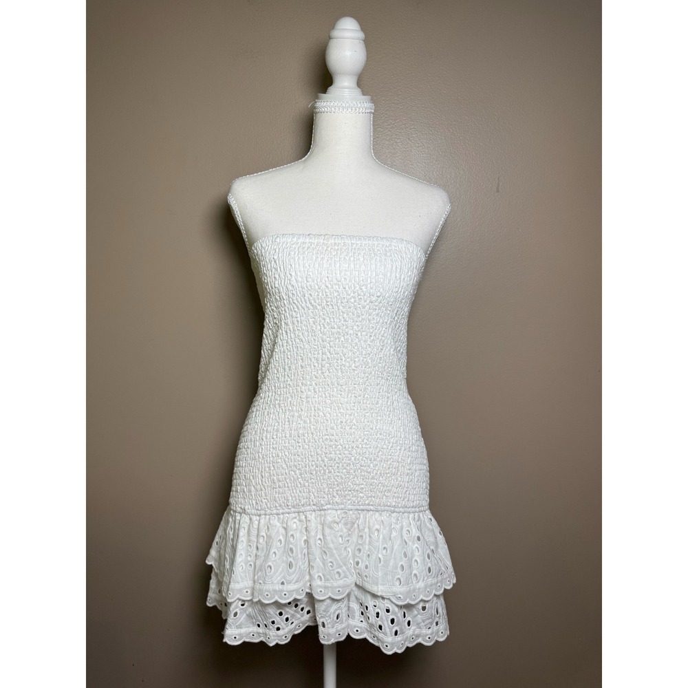 Edikted White Smocked Eyelet Mini Dress Strapless Tube Ruffle Hem Small